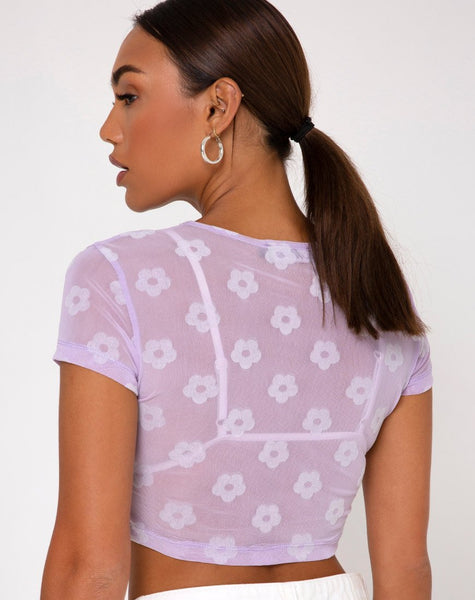 Tiney Crop Tee in Lilac Mesh Daisy White Flock