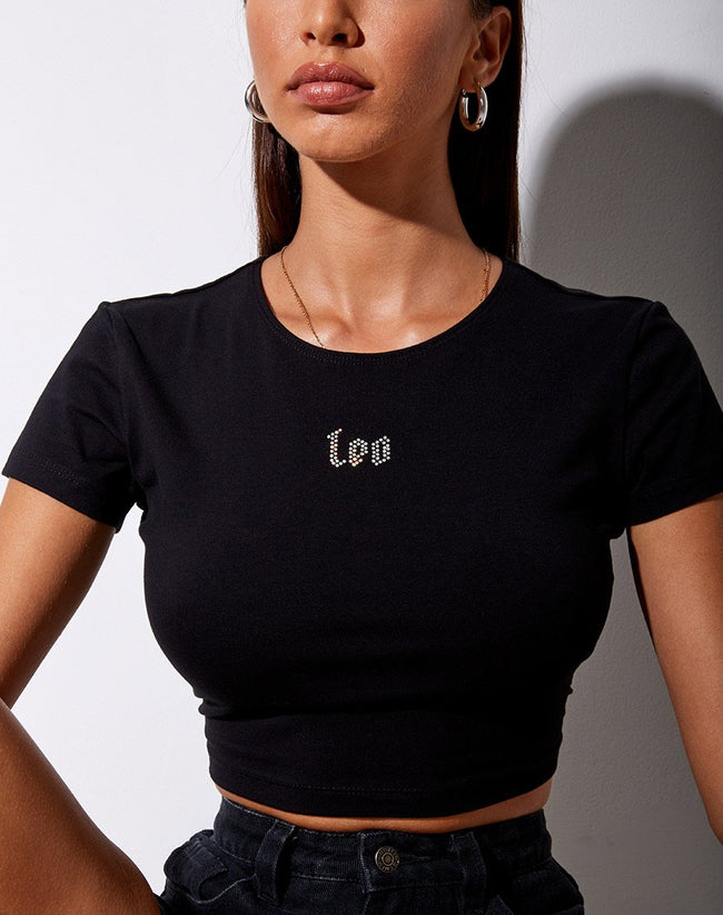 Tiney Crop Tee in Black 'Leo' Diamante