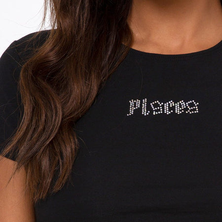 Tiney Crop Tee in Black 'Pisces' Diamante