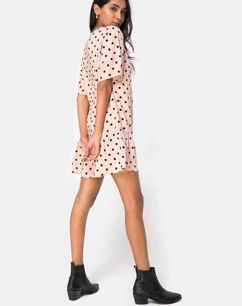 Tisha Babydoll Dress in New Polka Nude Black