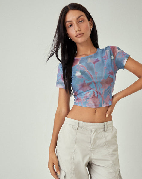 image of MOTEL X JACQUIE Tonia Printed Top in Lumen Mesh Blue