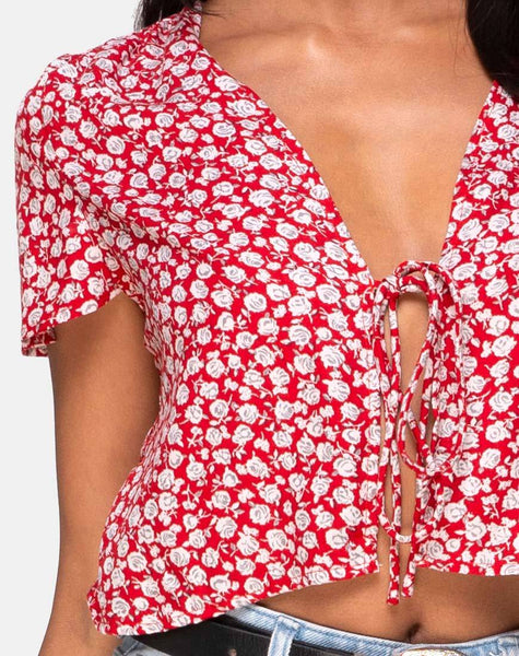 Vaco Top in Ditsy Red Rose and Silver