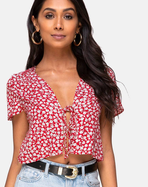 Vaco Top in Ditsy Red Rose and Silver