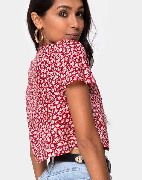 Vaco Top in Ditsy Red Rose and Silver