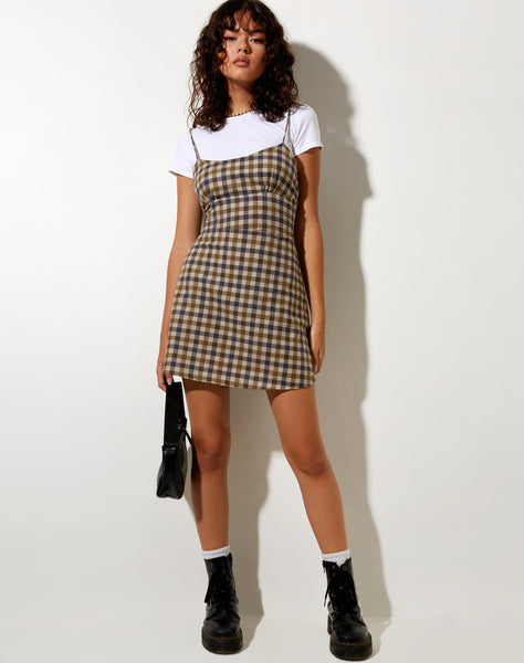 Image of Valy Slip Dress in 40s Check Tan