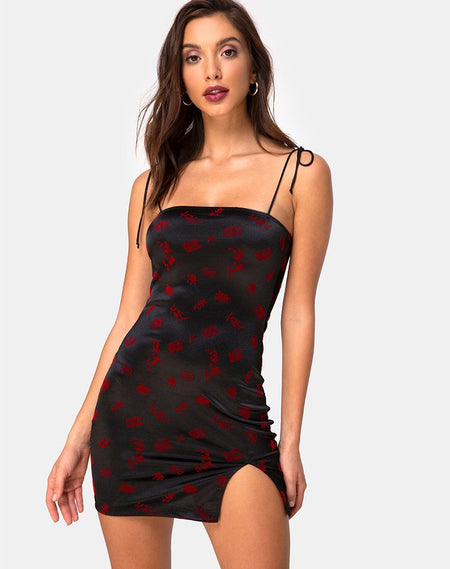 Kumin Bodycon Dress in Romantic Red Rose Flock