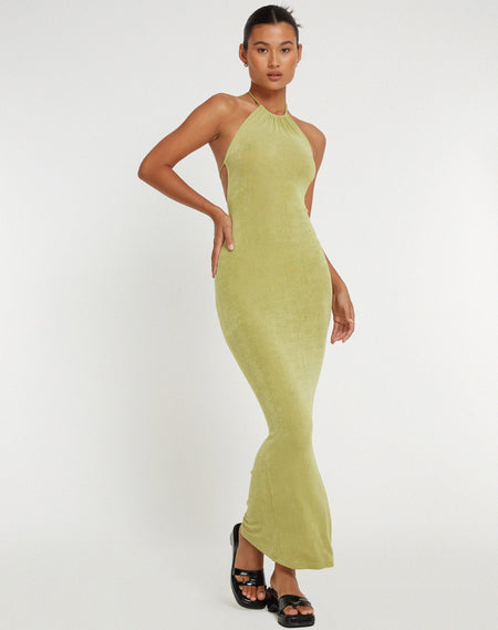 Salazar Halter Neck Maxi Dress in Satin Dark Olive