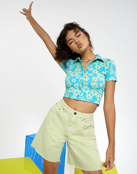 Image of Motel X Barbara Kristoffersen Wuma Cropped Shirt in Retro Daisy Blue