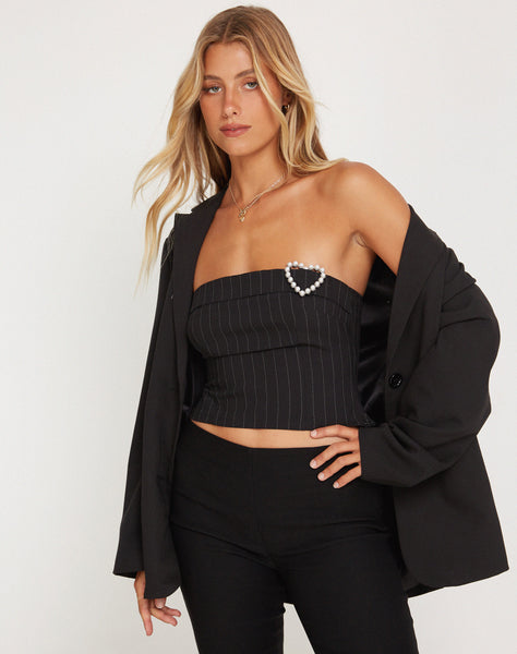 Image of Yafira Bardot Top in Black Pinstripe with Heart Buckle