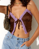 Image of Yanaka Crop Top in Satin Chocolate with Violet Lace