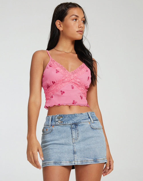 image of Yecaca Crop Top in Pink Ditsy Daisy Embro