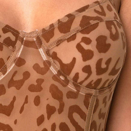 Yecal Sheer Bodice in Animal Flock Tan Brown