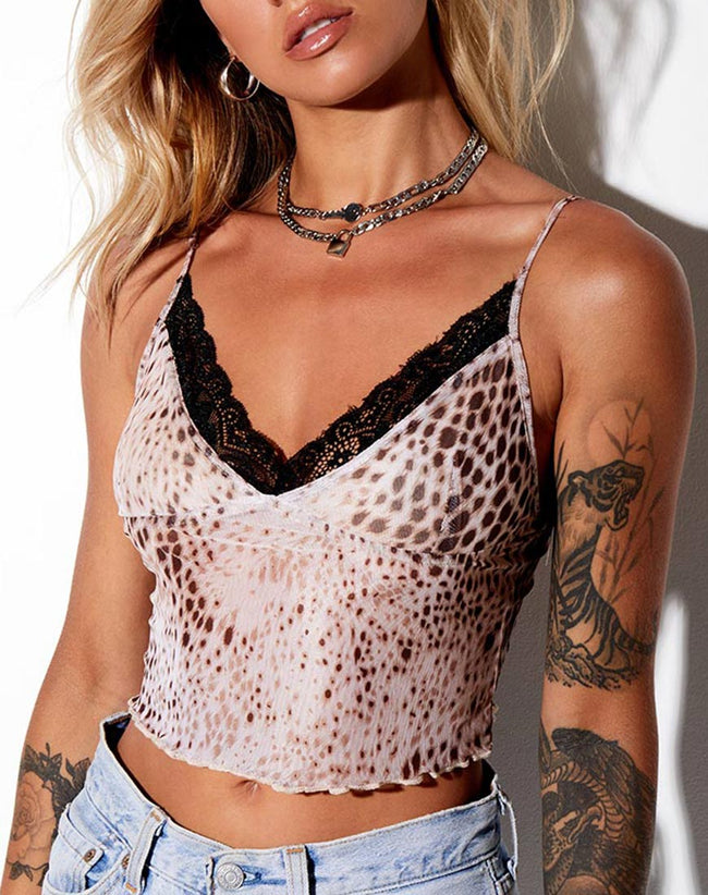 Yenika Cami Top in Mesh Sand Leopard