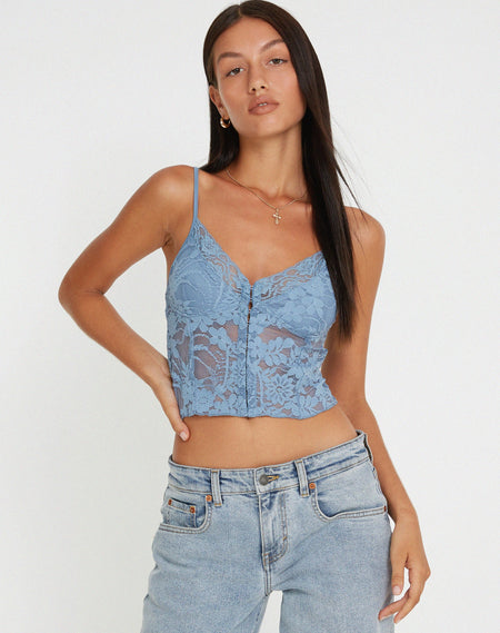 Khafila Long Sleeve Corset  Top in Lace Blue