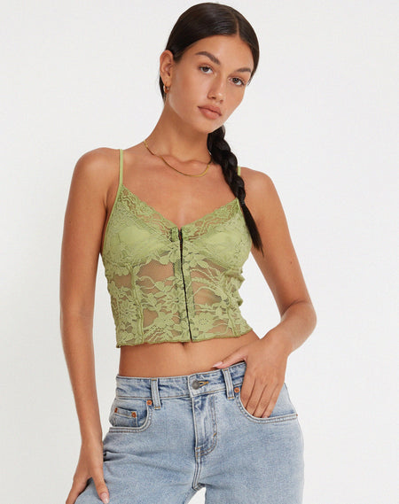 Khafila Long Sleeve Corset Top in Lace Green