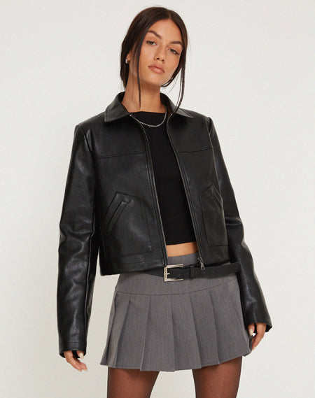 Jacquie Zip Up Biker Jacket in PU Black