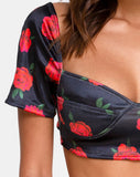 Yoona Crop Top in Satin Stretch in Last Rose Black