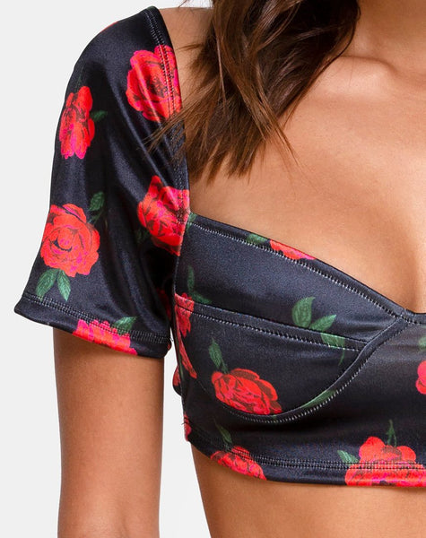 Yoona Crop Top in Satin Stretch in Last Rose Black