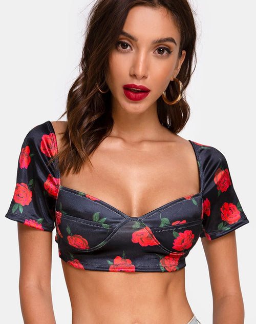 Yoona Crop Top in Satin Stretch in Last Rose Black