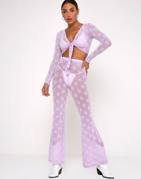 Herlom Flare Trouser in Lilac Mesh Daisy White Flock