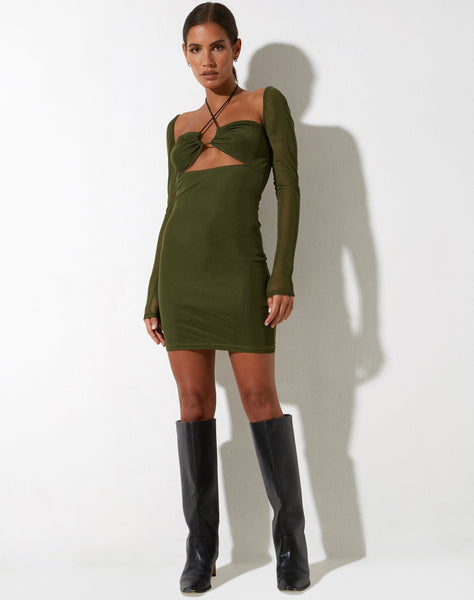 image of  Yuvila Bodycon Dress in Mesh Khaki