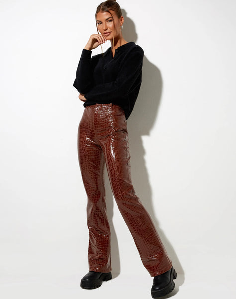 Image of Zoven Flare Trouser in Croc PU Brown