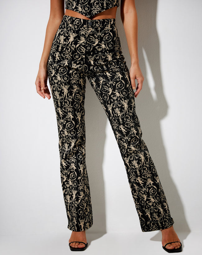 Zoven Flare Trouser in Baroque Cherub Black and Gold